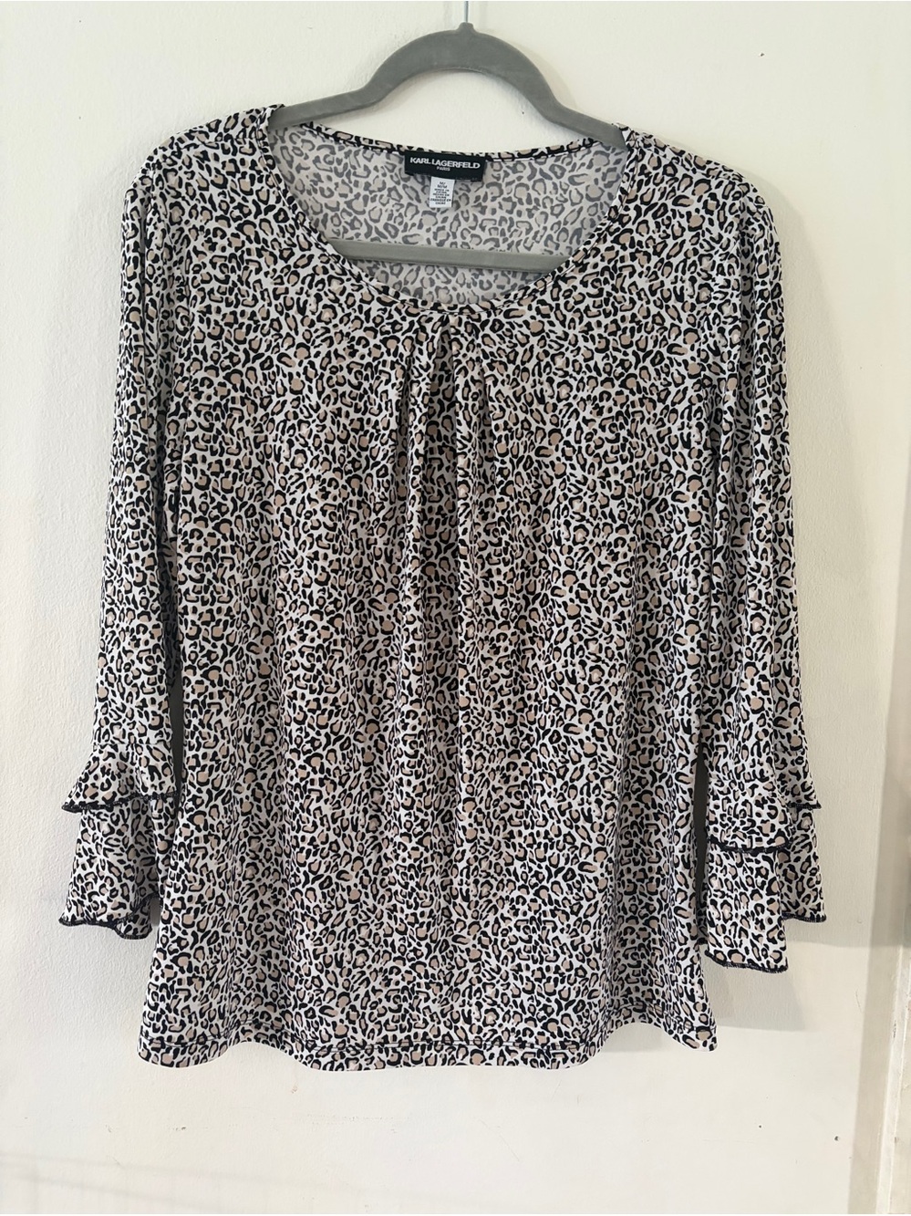 Karl Lagerfeld Beige Leopard-Print Ruffle Sleeve Top medium